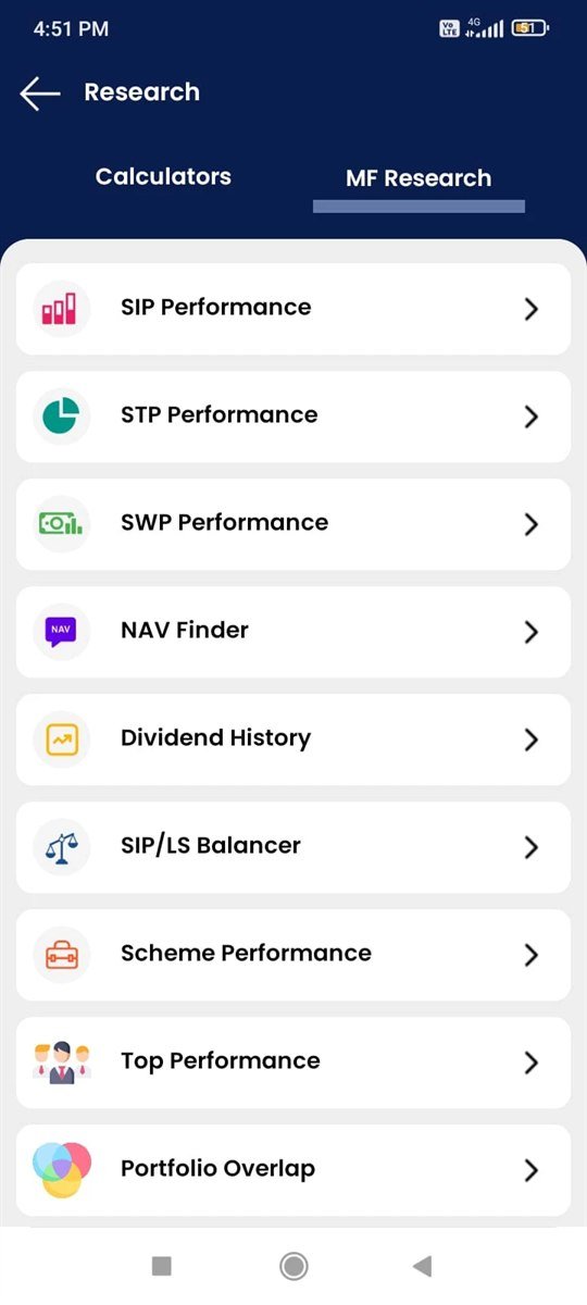Handson Wealth app MF Research screen listing tools: SIP, STP and SWP performance, NAV finder, dividend history, SIP/lumpsum balancer, scheme performance, top performance and portfolio overlap