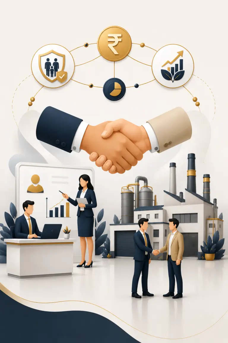 Advisors shaking hands, with icons for family protection, finance and business growth