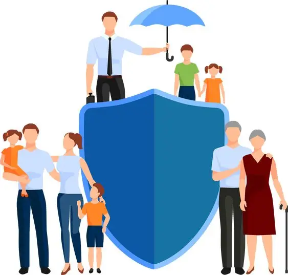 Illustration of a family protected by a shield and umbrella