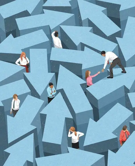 Illustration of people navigating a maze of arrows, one helping another